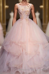 Pink Round Neck Tulle Lace Long Semi Formal Prom Dress, Lace Semi Formal Prom Dress